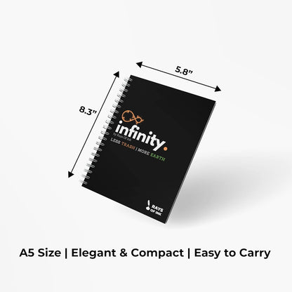 Infinity Re-writeable/Reusable Notebook - Eco Friendly Notebook with 1 Fine Tip Markers & 1 Microfiber Cloth and A Pocket At Back | A5 Size (8.3" X 5.8")